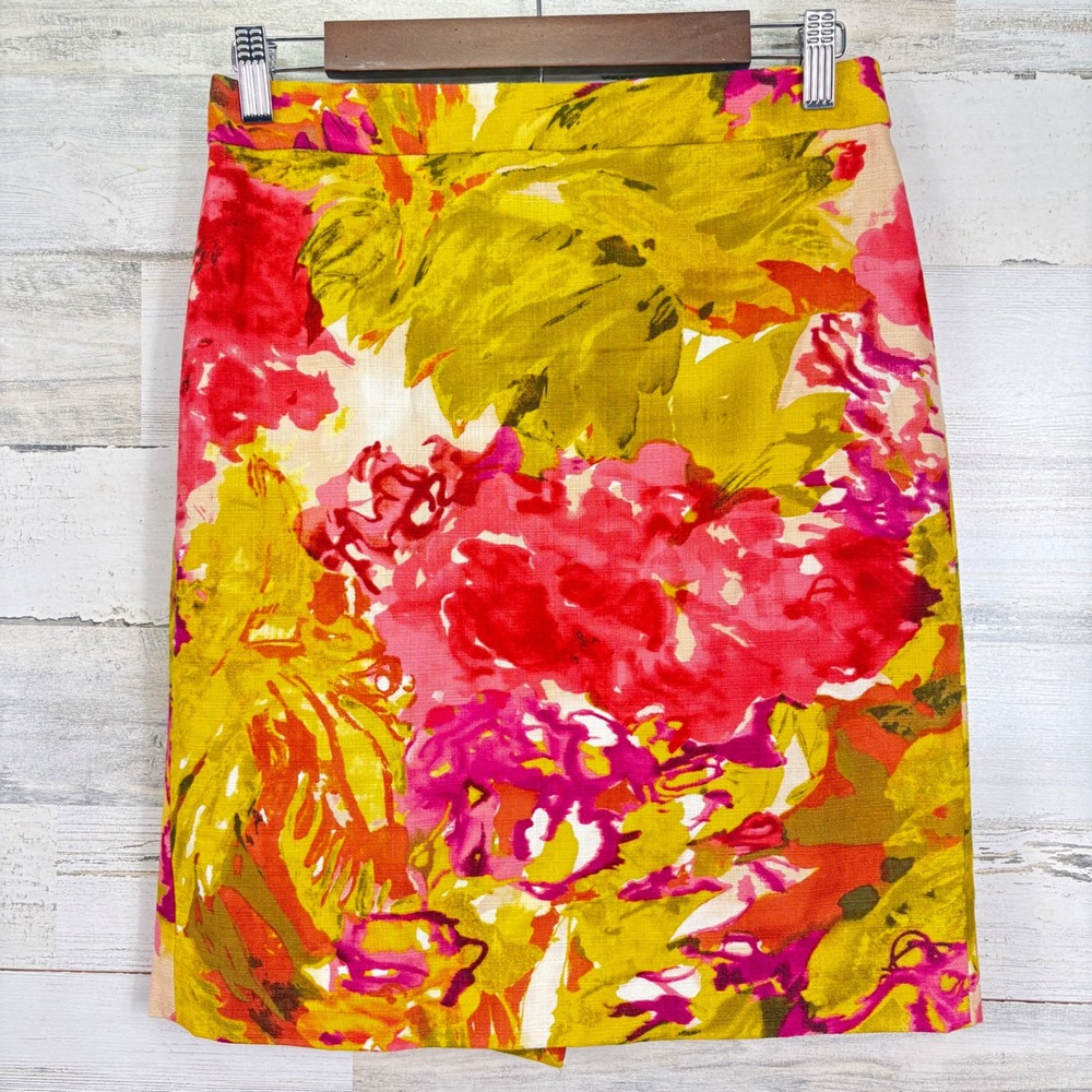 J. Crew Floral Print Cotton Blend Yellow Pink Pencil Skirt - Size 2 -‎ Colorful